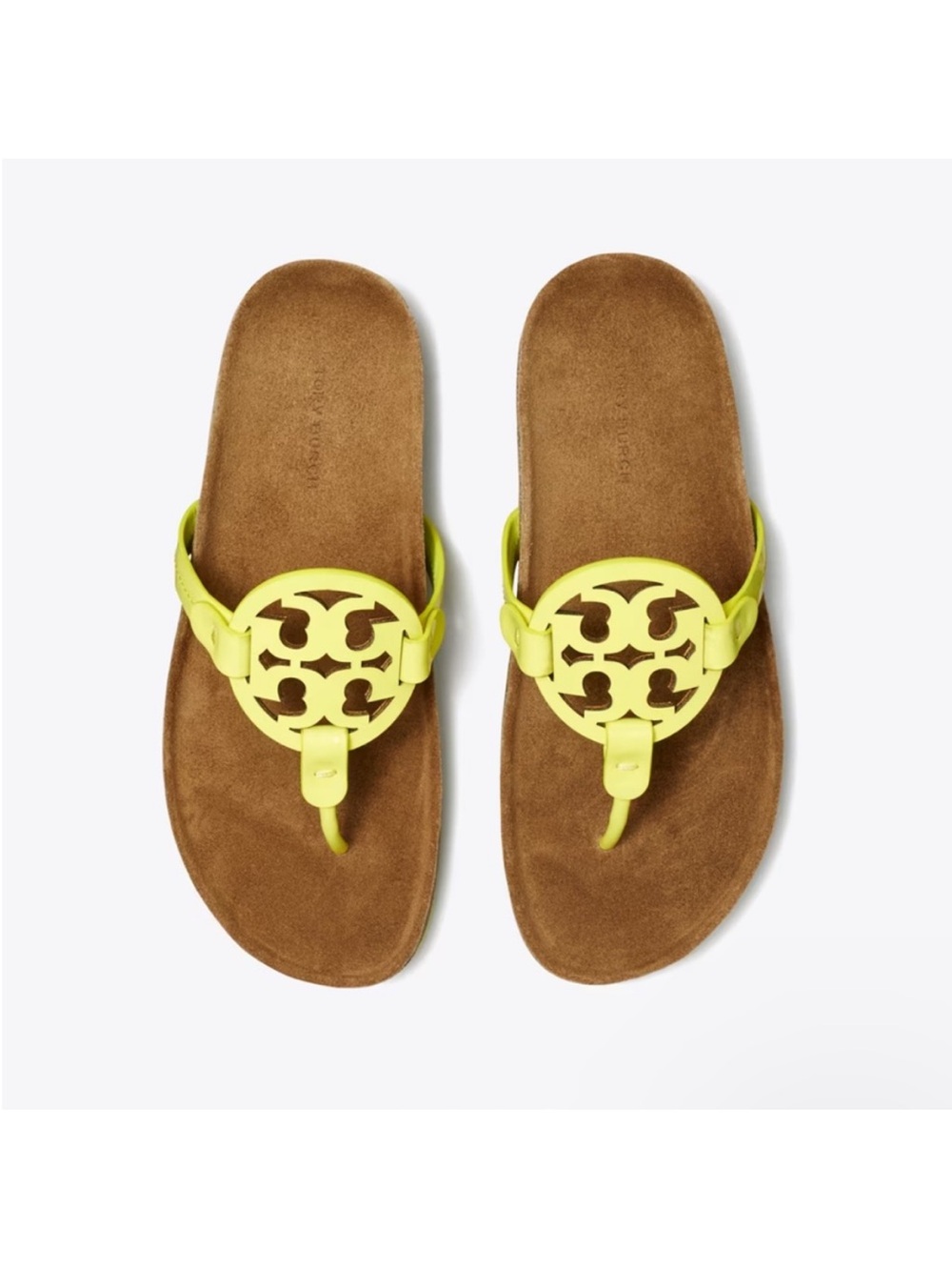 Tory Burch Neon Yellow Logo Thong Sandals with Brown Suede Footbed